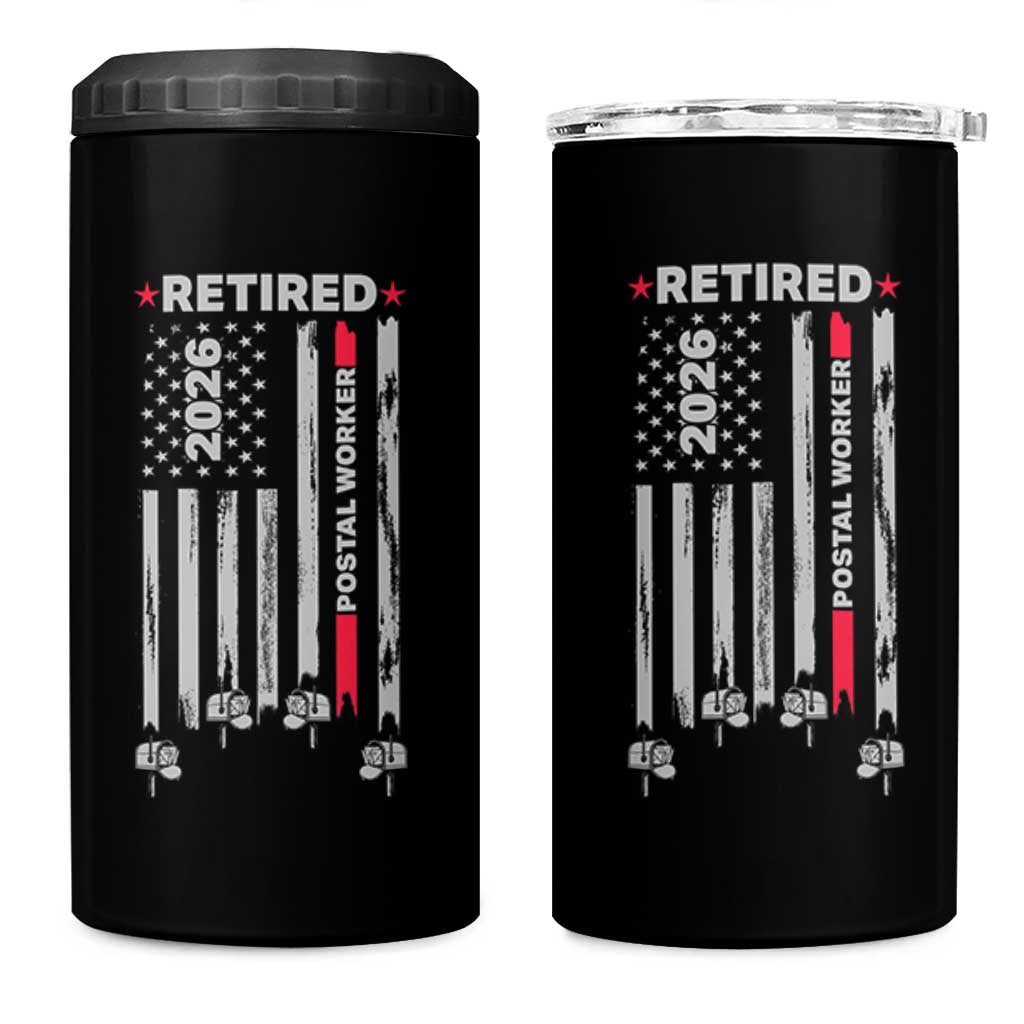 Retired Postal Worker 2026 4 in 1 Can Cooler Tumbler Retro US Flag Mailman Postman Retirement Gifts - Wonder Print Shop