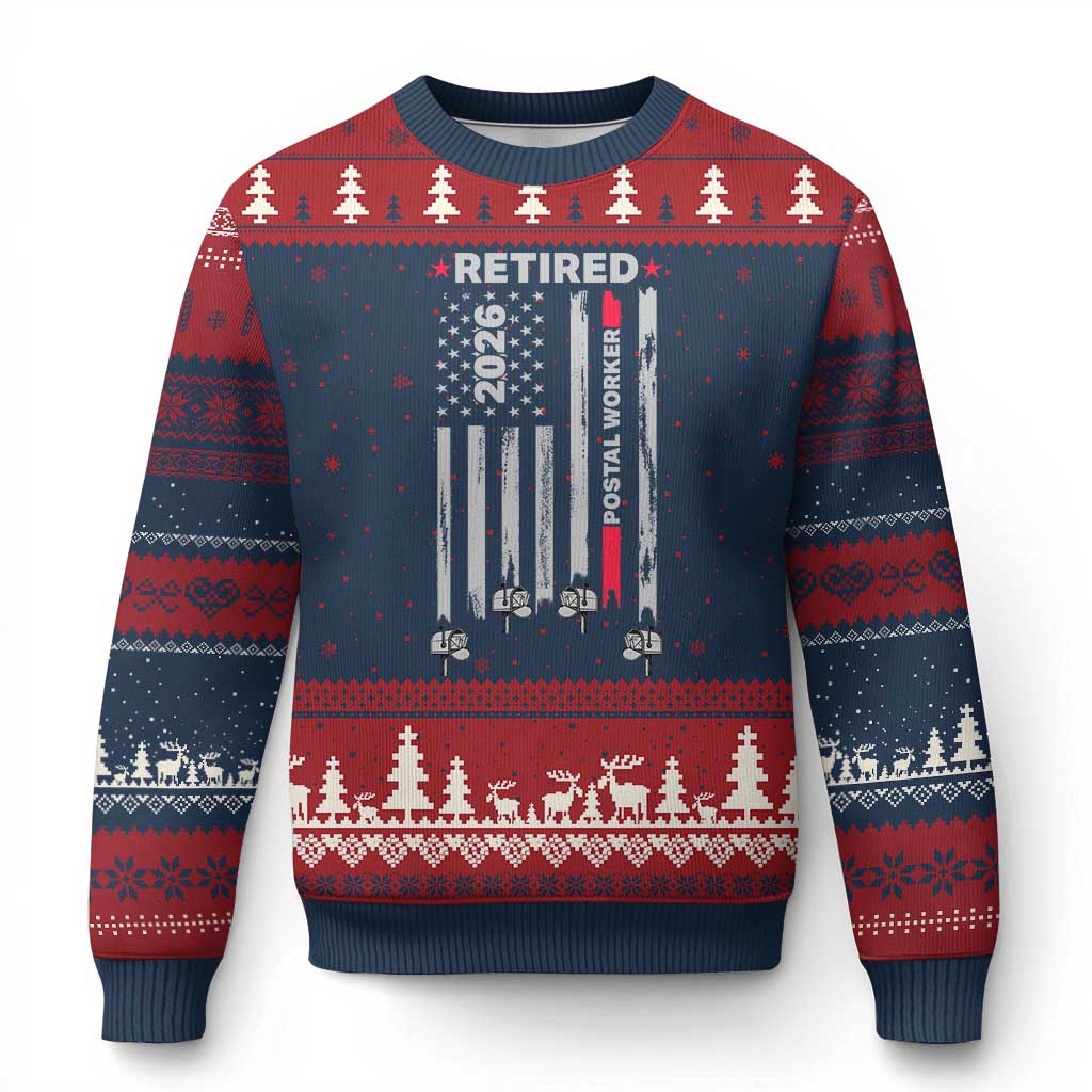 Retired Postal Worker 2026 Ugly Christmas Sweater Retro US Flag Mailman Postman Retirement Gifts - Wonder Print Shop