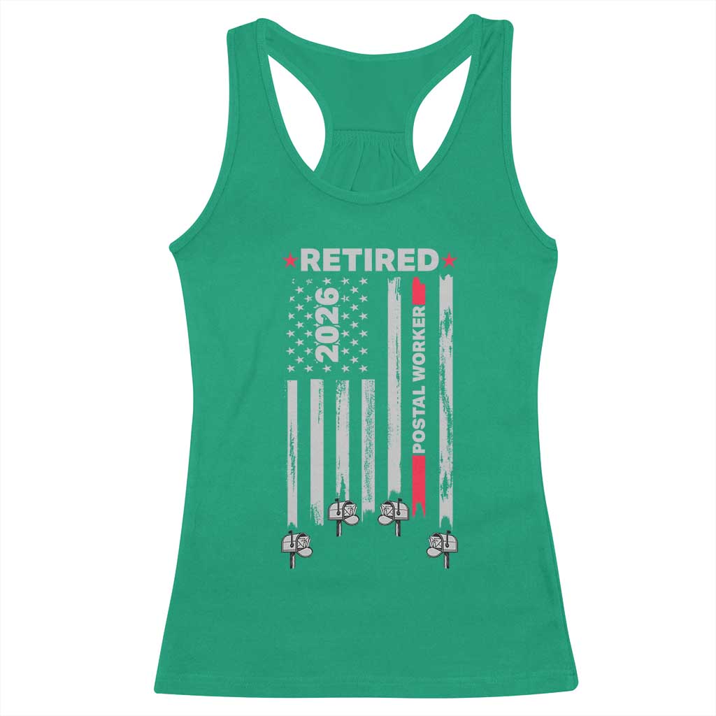 Retired Postal Worker 2026 Racerback Tank Top Retro US Flag Mailman Postman Retirement Gifts - Wonder Print Shop