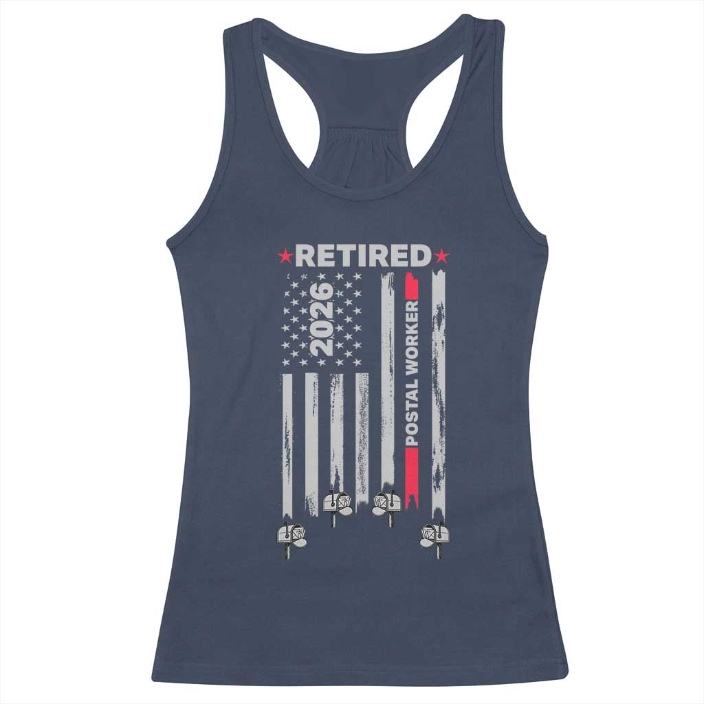Retired Postal Worker 2026 Racerback Tank Top Retro US Flag Mailman Postman Retirement Gifts - Wonder Print Shop