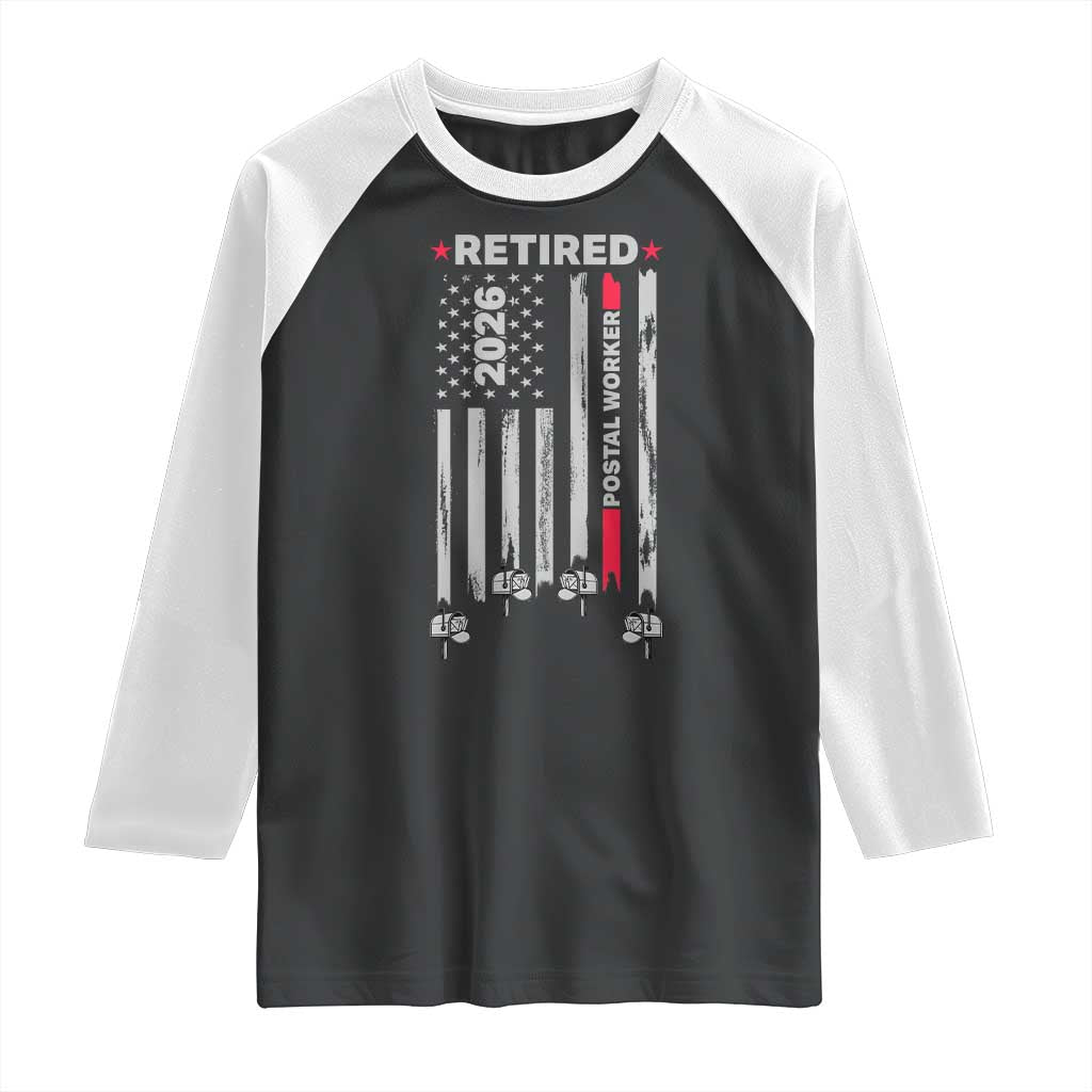 Retired Postal Worker 2026 Raglan Shirt Retro US Flag Mailman Postman Retirement Gifts - Wonder Print Shop