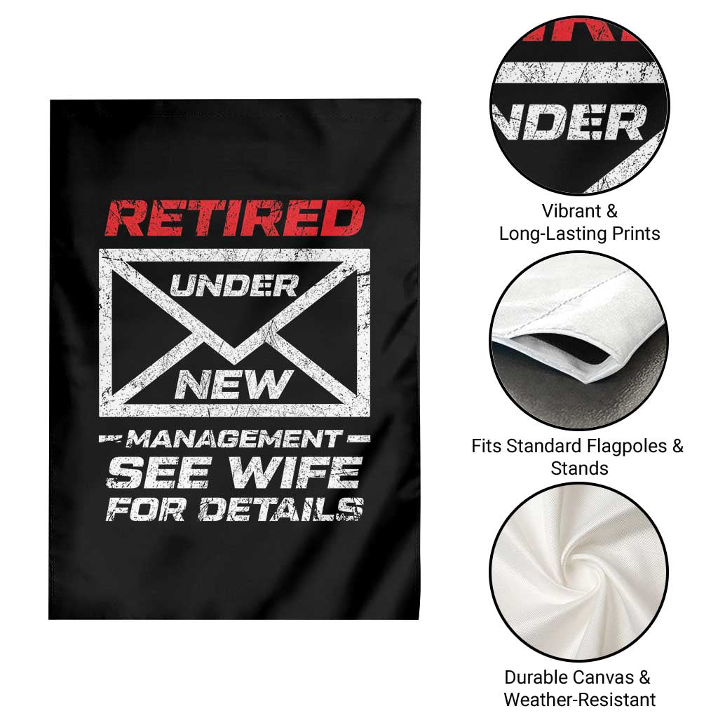 Men’s Postal Worker Retirement Garden Flag Retired Under New Management Funny Dad Humor - Wonder Print Shop