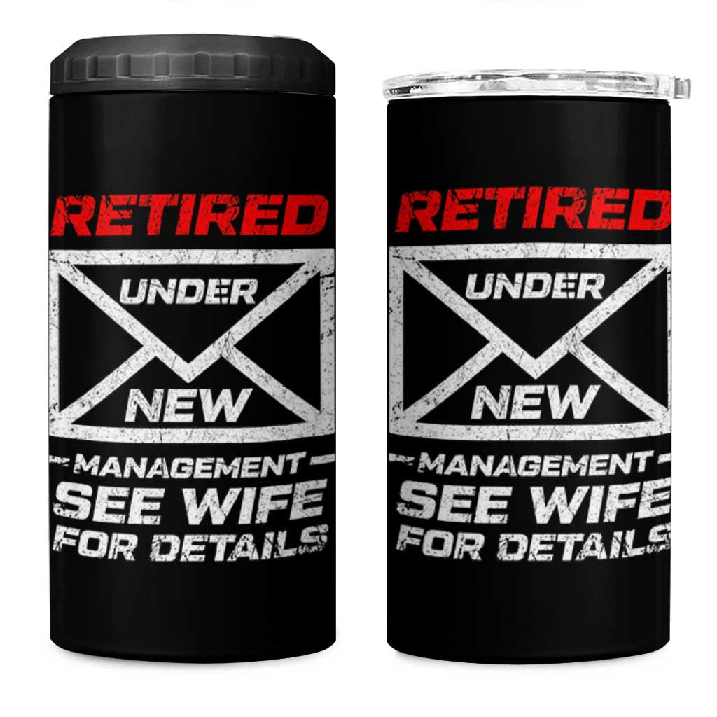 Men’s Postal Worker Retirement 4 in 1 Can Cooler Tumbler Retired Under New Management Funny Dad Humor - Wonder Print Shop