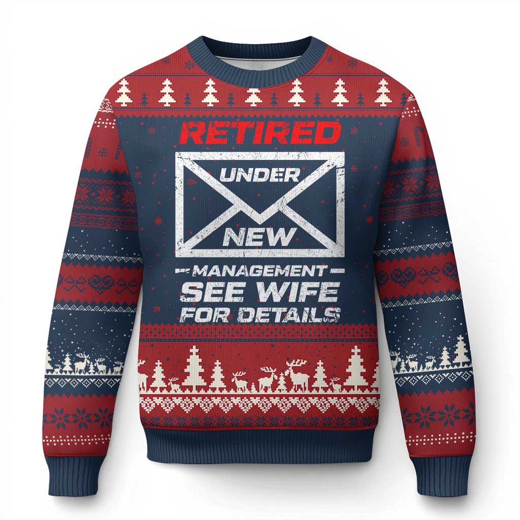 Men’s Postal Worker Retirement Ugly Christmas Sweater Retired Under New Management Funny Dad Humor - Wonder Print Shop