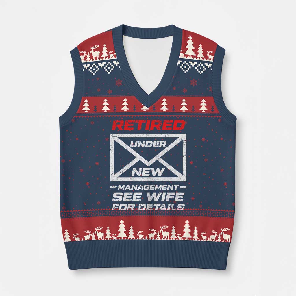 Men’s Postal Worker Retirement V-Neck Knit Sweater Vest Retired Under New Management Funny Dad Humor - Wonder Print Shop