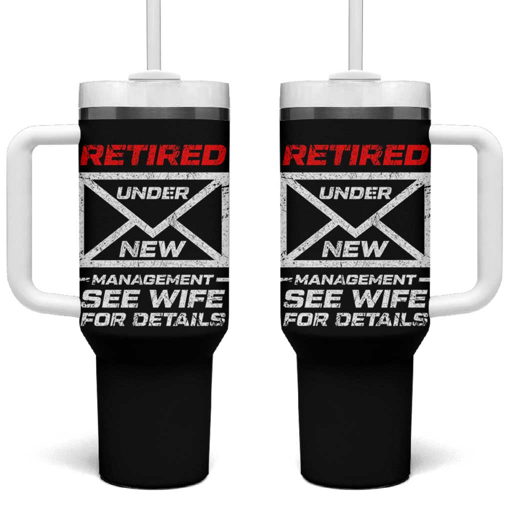 Men’s Postal Worker Retirement Tumbler With Handle Retired Under New Management Funny Dad Humor - Wonder Print Shop