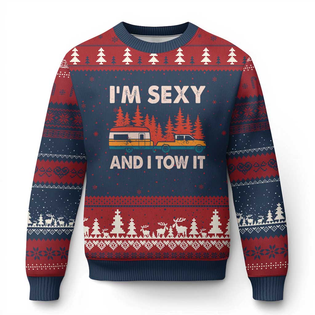 Funny Camping RV Ugly Christmas Sweater Im Sexy And I Tow It Vintage Camper Truck - Wonder Print Shop