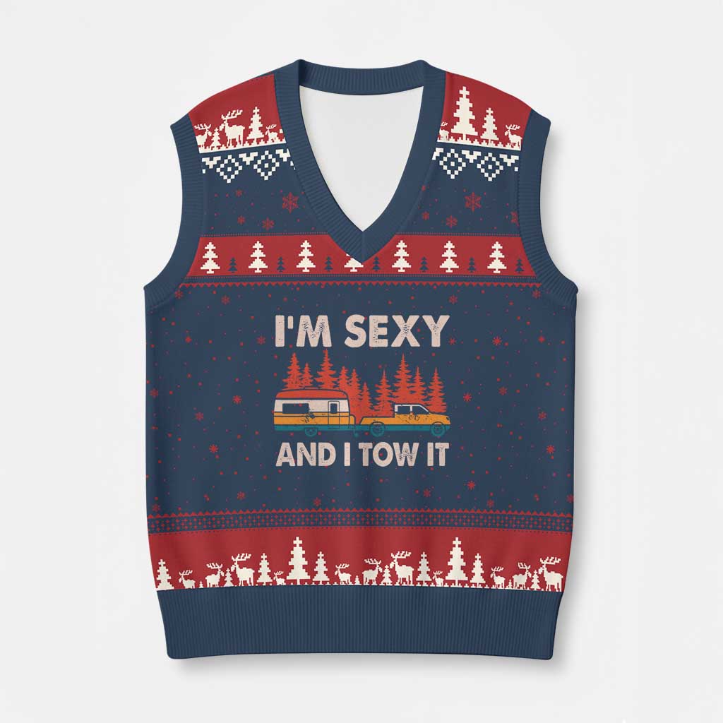 Funny Camping RV V-Neck Knit Sweater Vest Im Sexy And I Tow It Vintage Camper Truck - Wonder Print Shop