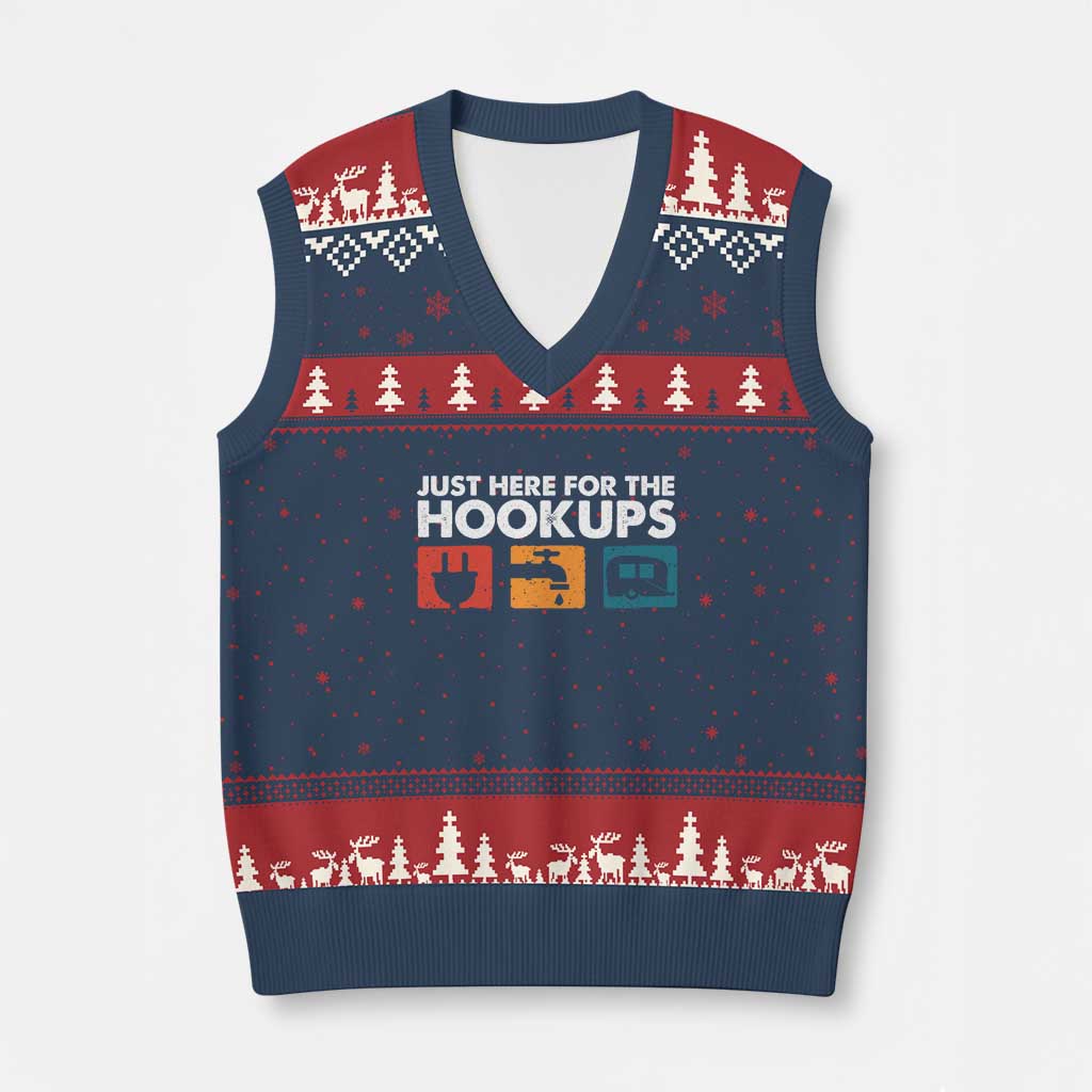 Camping RV V-Neck Knit Sweater Vest Funny Just Here for The Hookups Caravan Motorhome - Wonder Print Shop