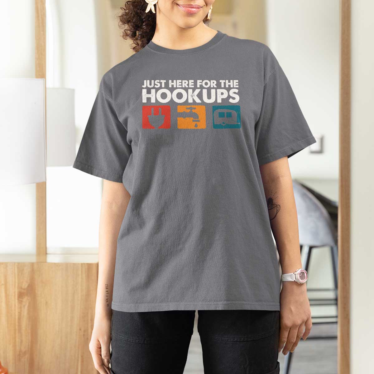 Camping RV T Shirt For Women Funny Just Here for The Hookups Caravan Motorhome - Wonder Print Shop