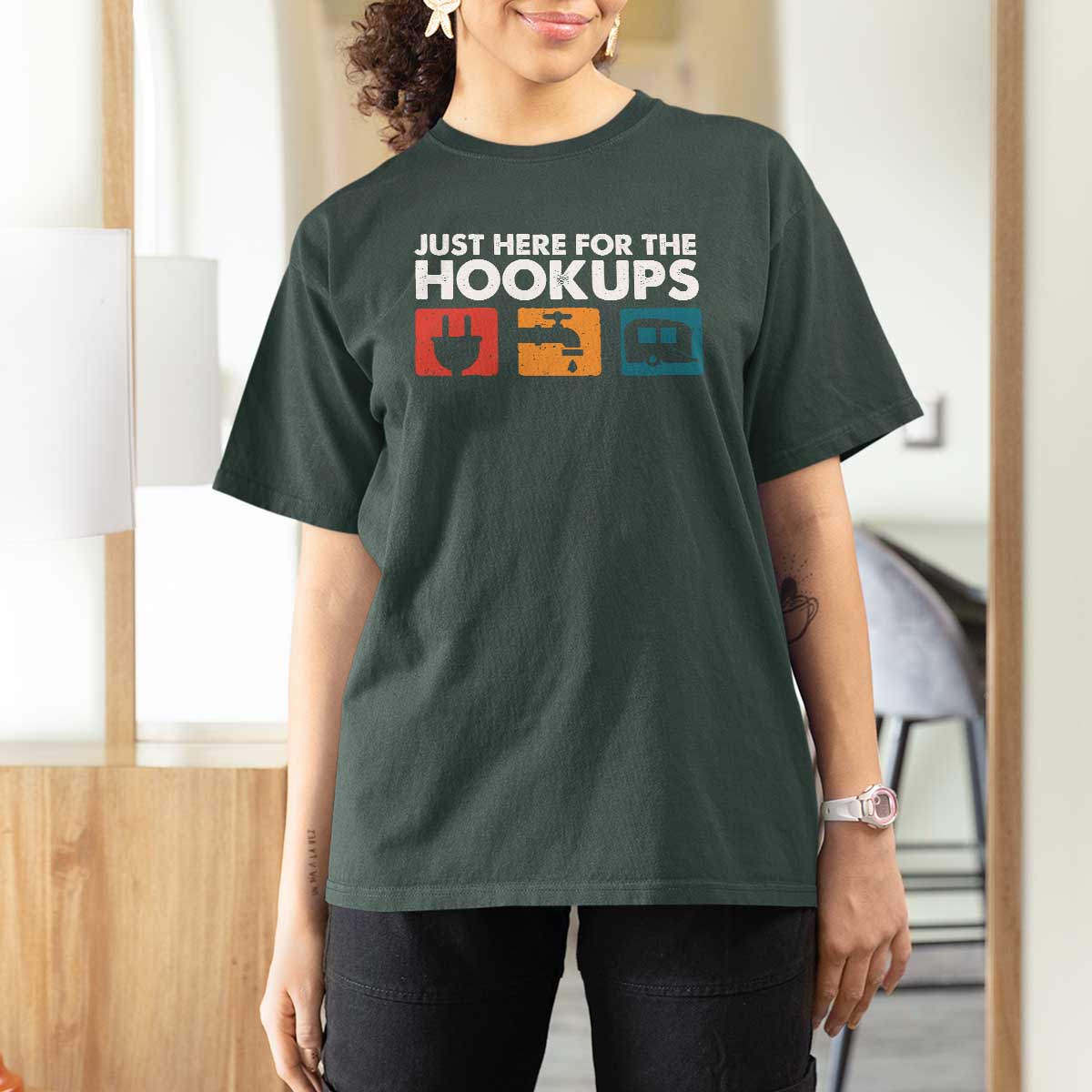 Camping RV T Shirt For Women Funny Just Here for The Hookups Caravan Motorhome - Wonder Print Shop