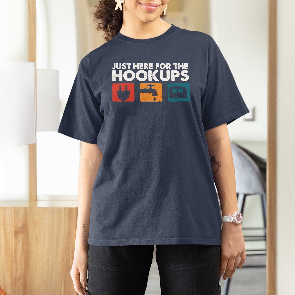 Camping RV T Shirt For Women Funny Just Here for The Hookups Caravan Motorhome - Wonder Print Shop