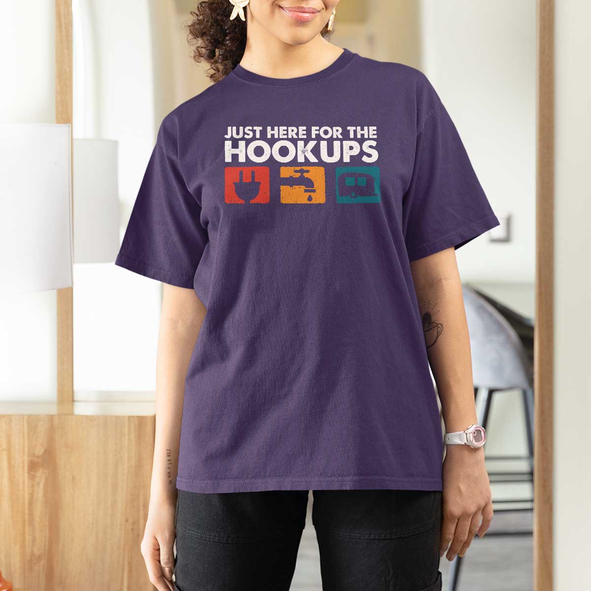 Camping RV T Shirt For Women Funny Just Here for The Hookups Caravan Motorhome - Wonder Print Shop