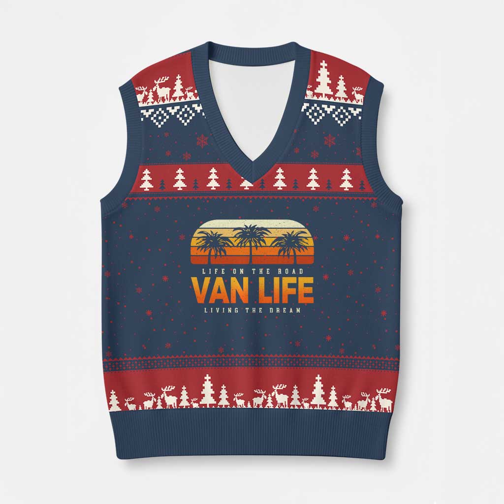 Van Life V-Neck Knit Sweater Vest Retro Camping RV Motorhome Travel Vacation Gift - Wonder Print Shop
