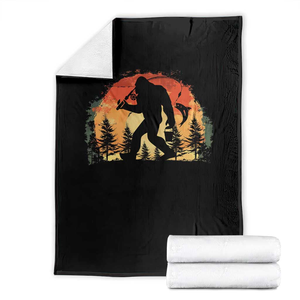 Bigfoot Fishing Throw Blanket Funny Retro Sasquatch Fisherman Dad - Wonder Print Shop