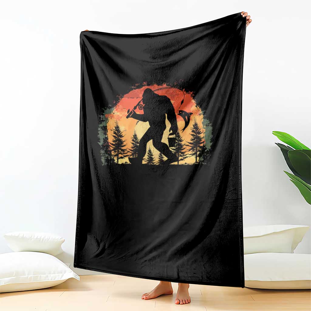 Bigfoot Fishing Throw Blanket Funny Retro Sasquatch Fisherman Dad - Wonder Print Shop