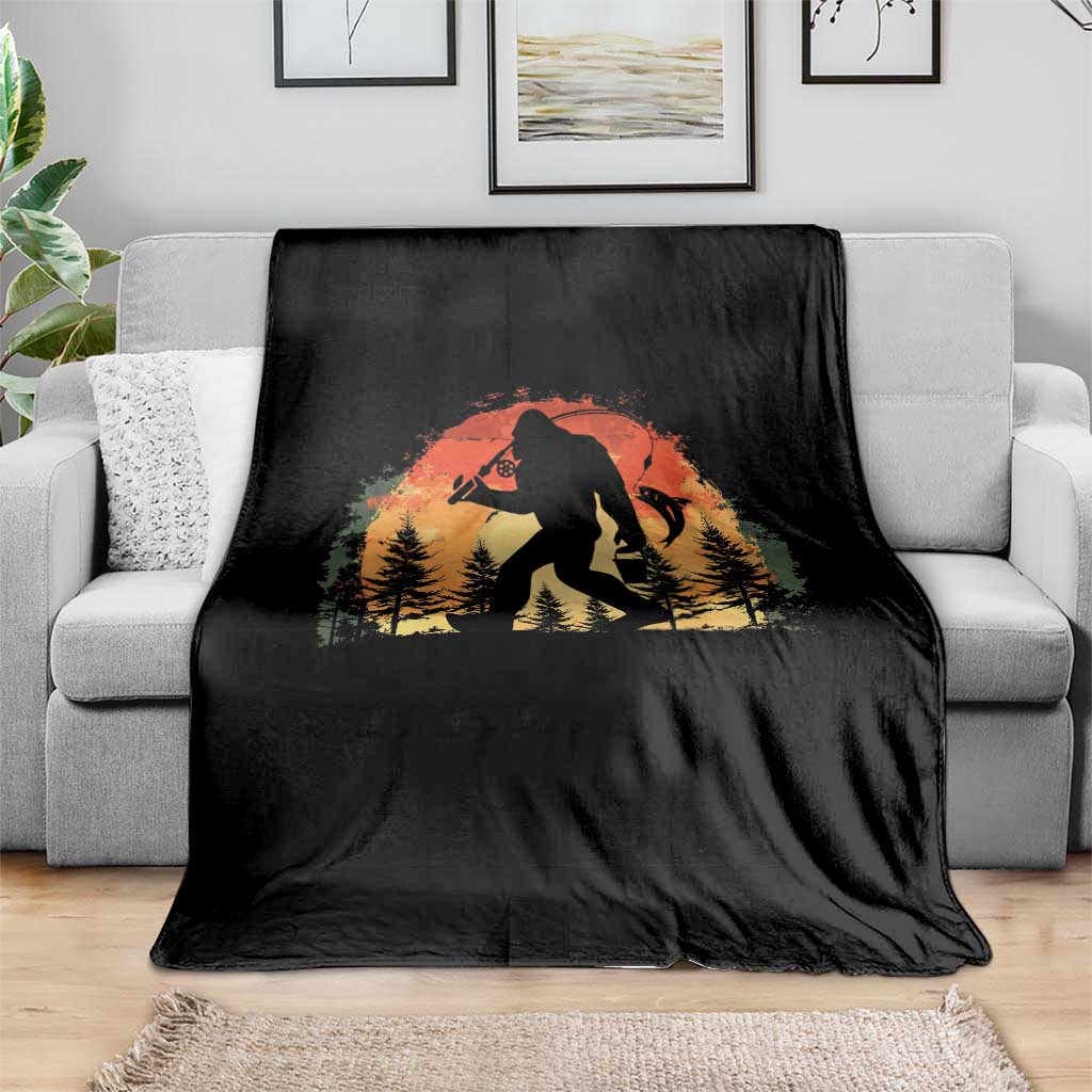 Bigfoot Fishing Throw Blanket Funny Retro Sasquatch Fisherman Dad - Wonder Print Shop