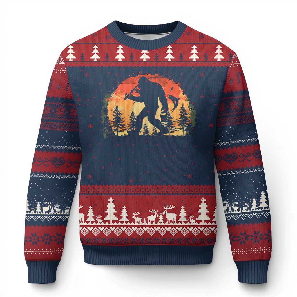 Bigfoot Fishing Ugly Christmas Sweater Funny Retro Sasquatch Fisherman Dad - Wonder Print Shop