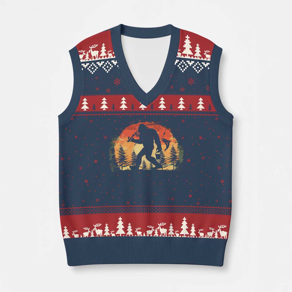 Bigfoot Fishing V-Neck Knit Sweater Vest Funny Retro Sasquatch Fisherman Dad - Wonder Print Shop