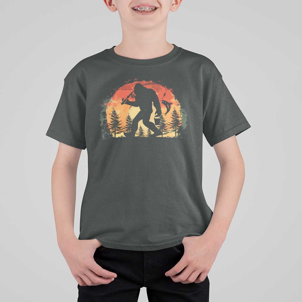 Bigfoot Fishing T Shirt For Kid Funny Retro Sasquatch Fisherman Dad - Wonder Print Shop