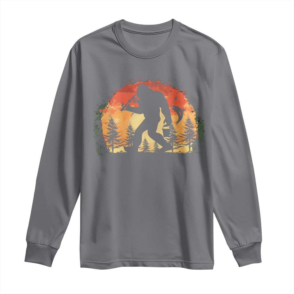 Bigfoot Fishing Long Sleeve Shirt Funny Retro Sasquatch Fisherman Dad - Wonder Print Shop