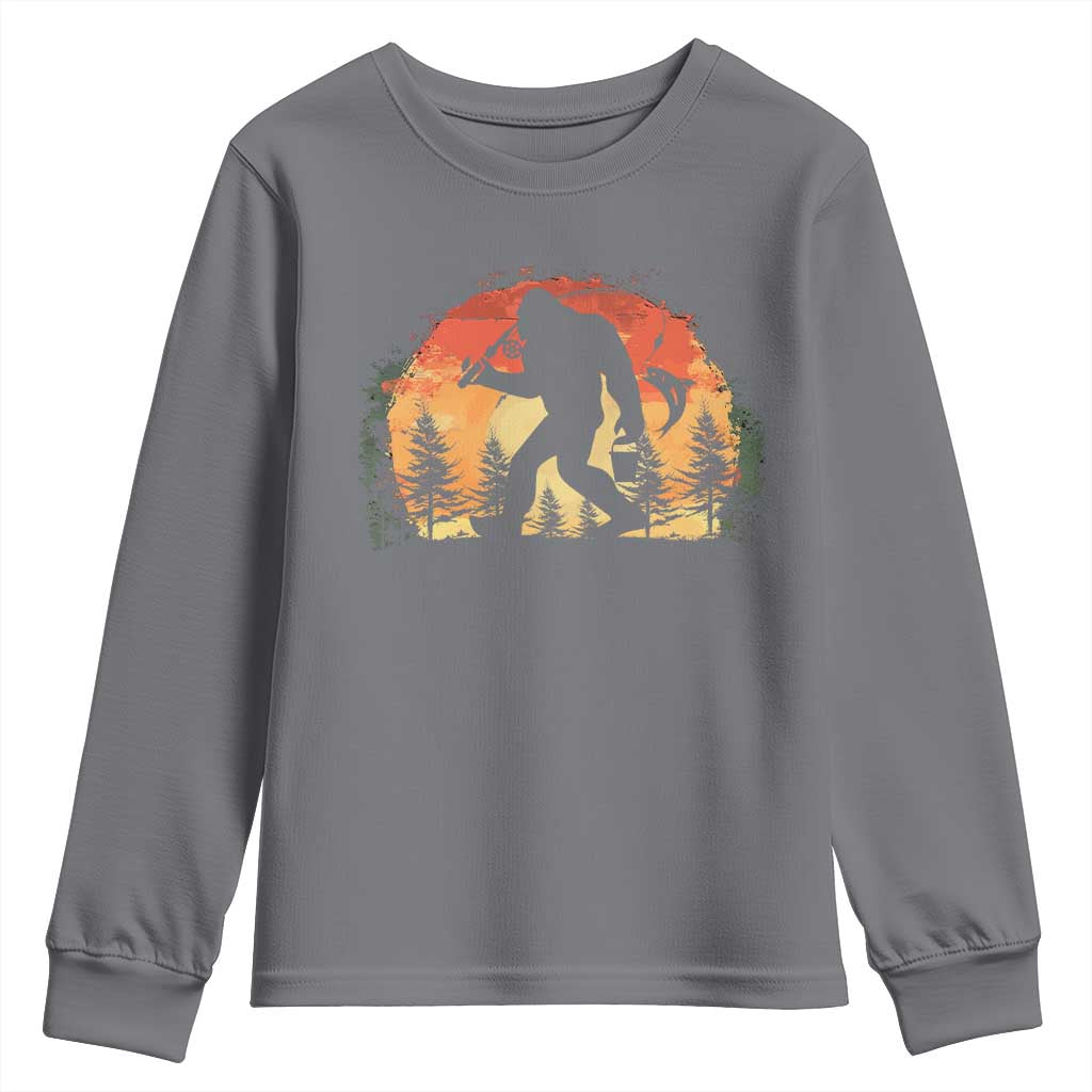 Bigfoot Fishing Youth Sweatshirt Funny Retro Sasquatch Fisherman Dad - Wonder Print Shop