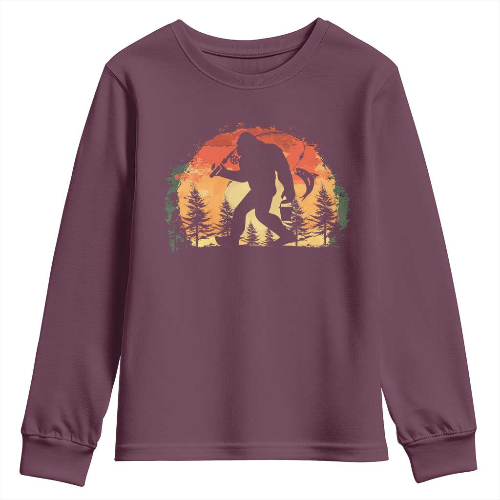 Bigfoot Fishing Youth Sweatshirt Funny Retro Sasquatch Fisherman Dad - Wonder Print Shop