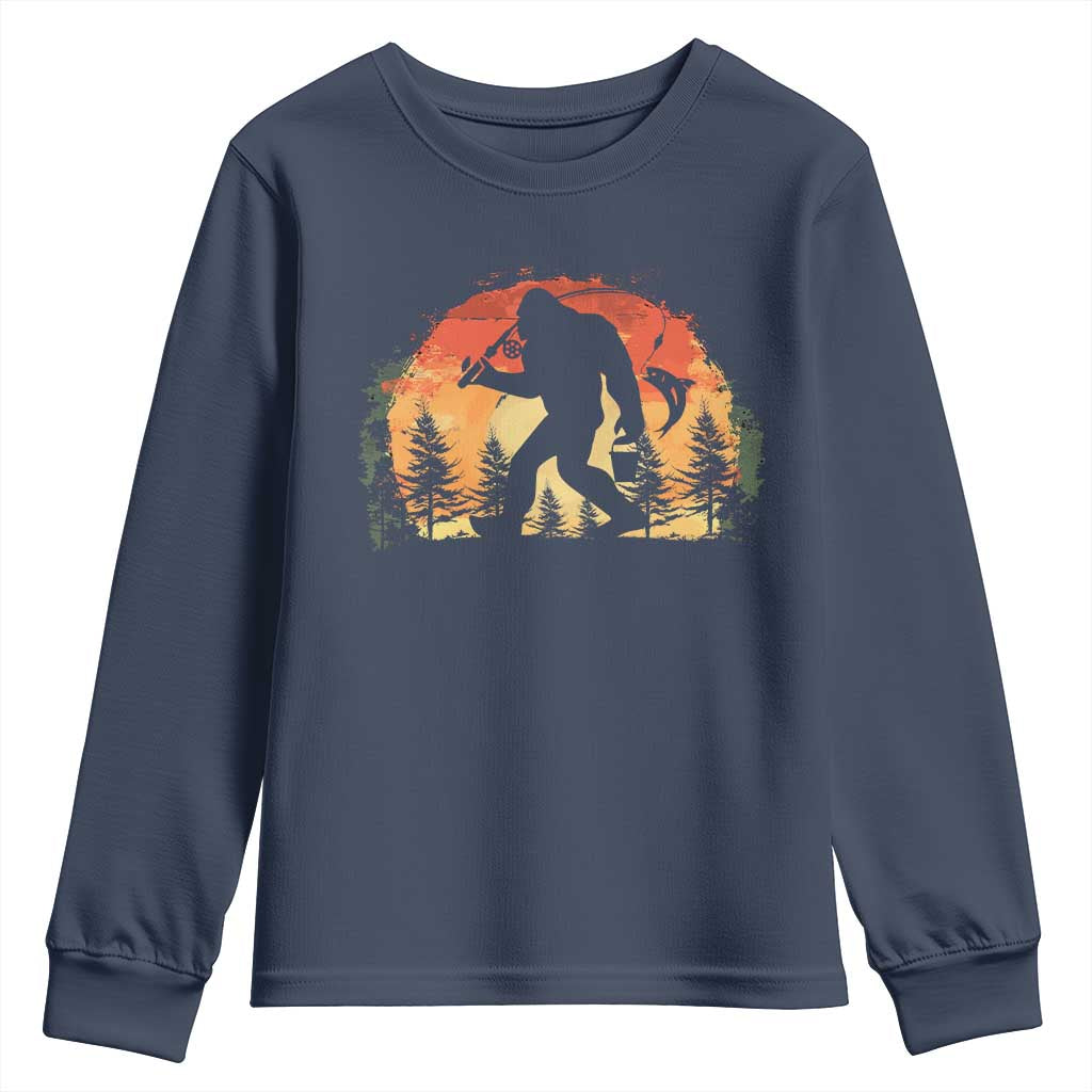 Bigfoot Fishing Youth Sweatshirt Funny Retro Sasquatch Fisherman Dad - Wonder Print Shop
