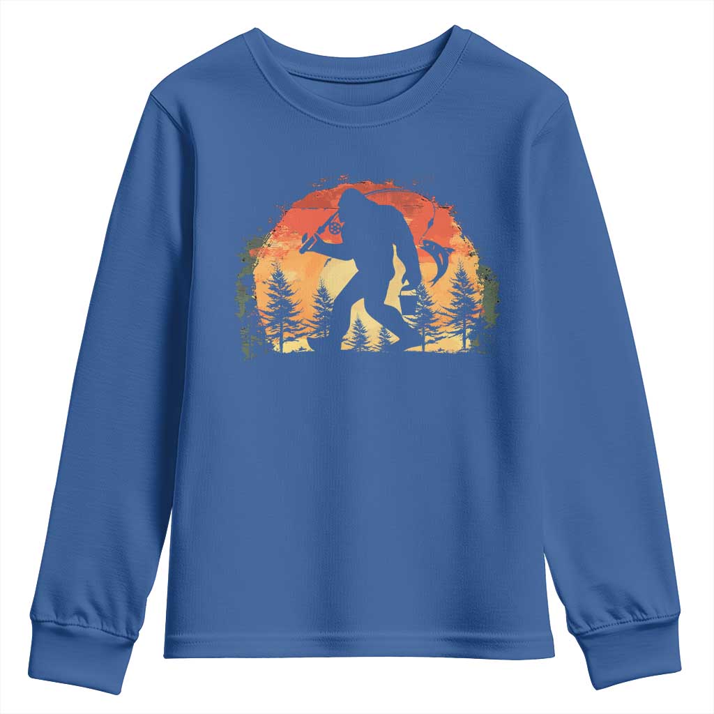 Bigfoot Fishing Youth Sweatshirt Funny Retro Sasquatch Fisherman Dad - Wonder Print Shop