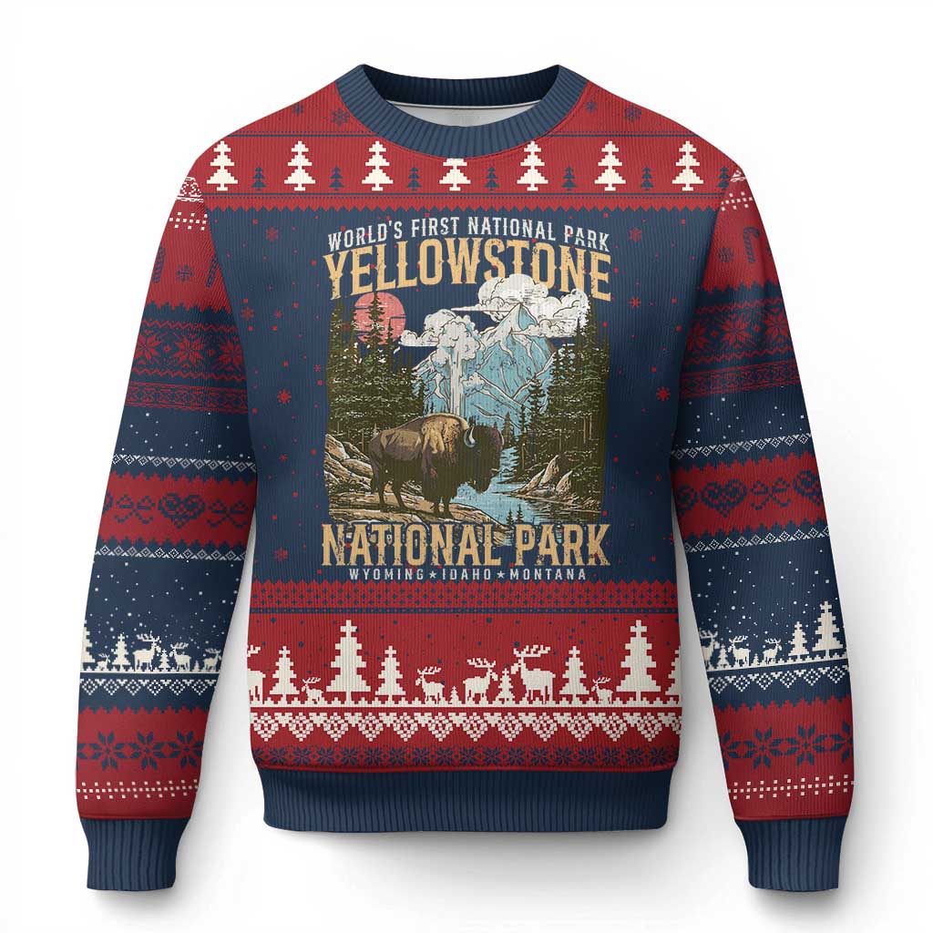 Vintage Yellowstone National Park Ugly Christmas Sweater Retro Nature Wildlife Outdoor Hiking Camping Forest - Wonder Print Shop