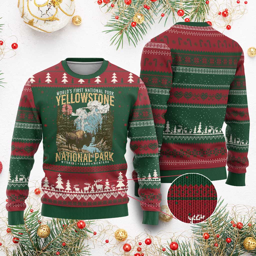 Vintage Yellowstone National Park Ugly Christmas Sweater Retro Nature Wildlife Outdoor Hiking Camping Forest - Wonder Print Shop