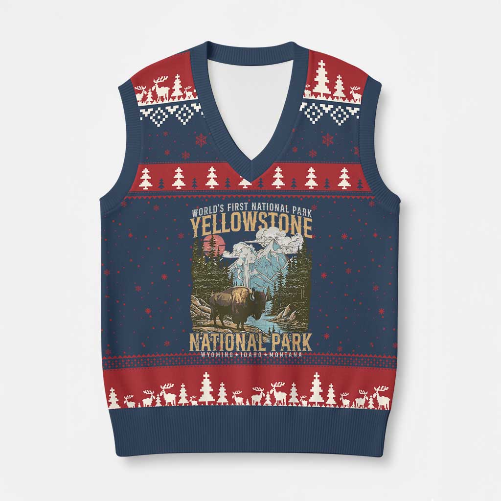 Vintage Yellowstone National Park V-Neck Knit Sweater Vest Retro Nature Wildlife Outdoor Hiking Camping Forest - Wonder Print Shop