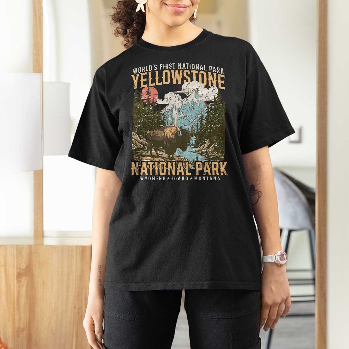 Vintage Yellowstone National Park T Shirt For Women Retro Nature Wildlife Outdoor Hiking Camping Forest - Wonder Print Shop
