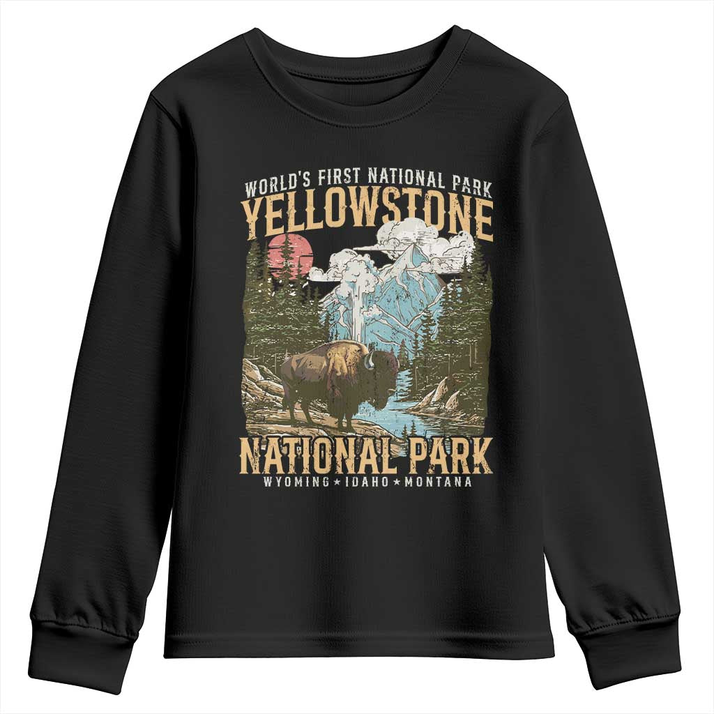 Vintage Yellowstone National Park Youth Sweatshirt Retro Nature Wildlife Outdoor Hiking Camping Forest - Wonder Print Shop