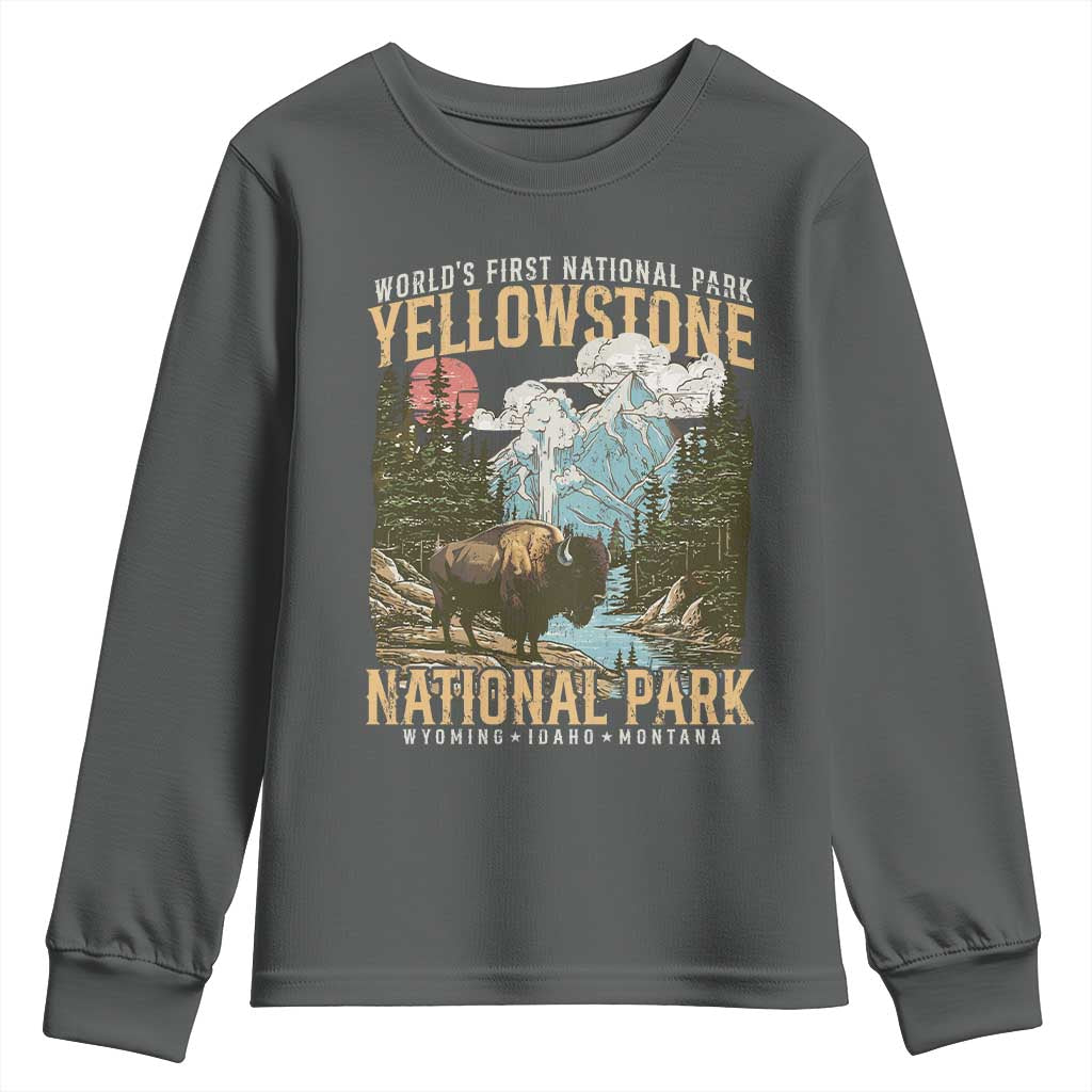 Vintage Yellowstone National Park Youth Sweatshirt Retro Nature Wildlife Outdoor Hiking Camping Forest - Wonder Print Shop