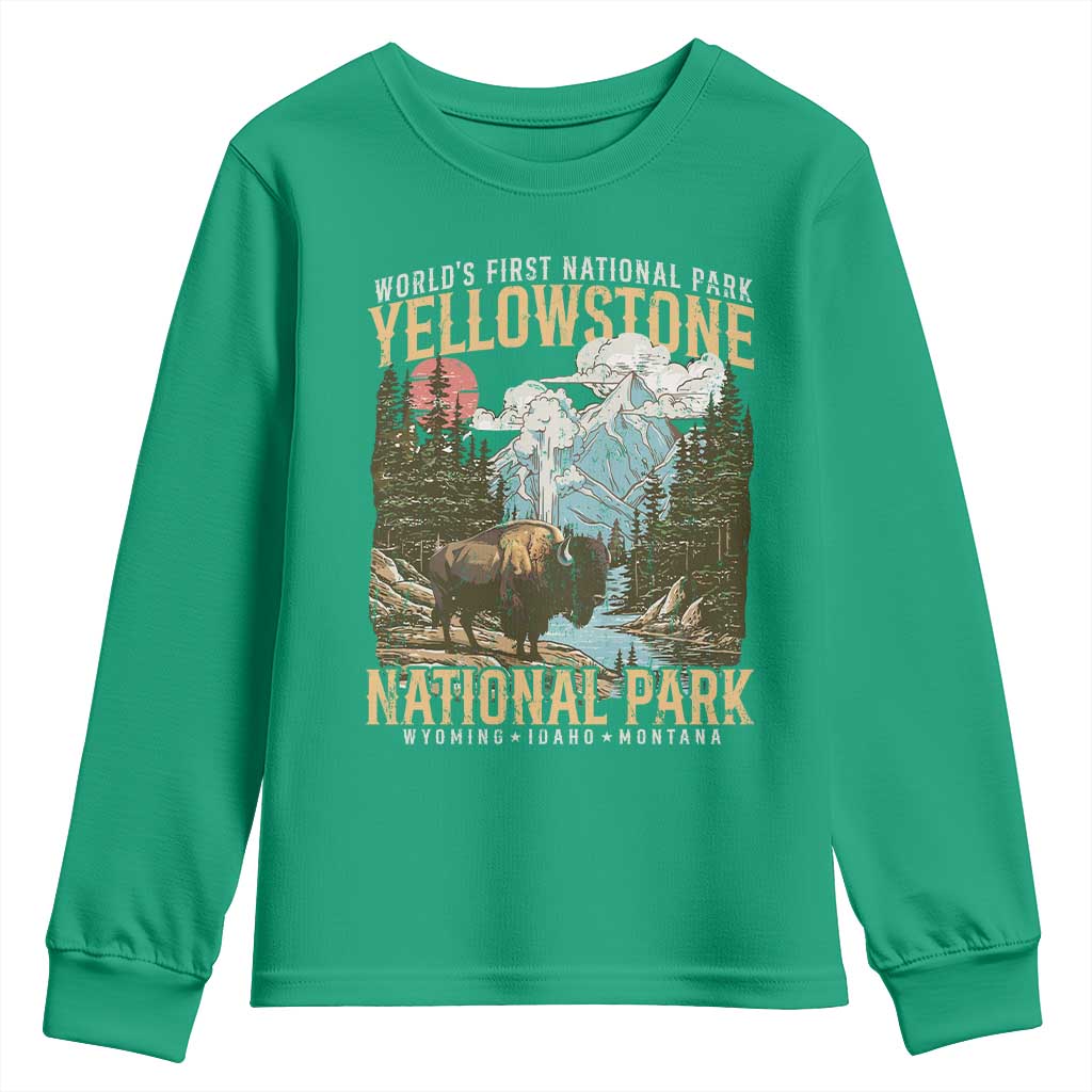 Vintage Yellowstone National Park Youth Sweatshirt Retro Nature Wildlife Outdoor Hiking Camping Forest - Wonder Print Shop