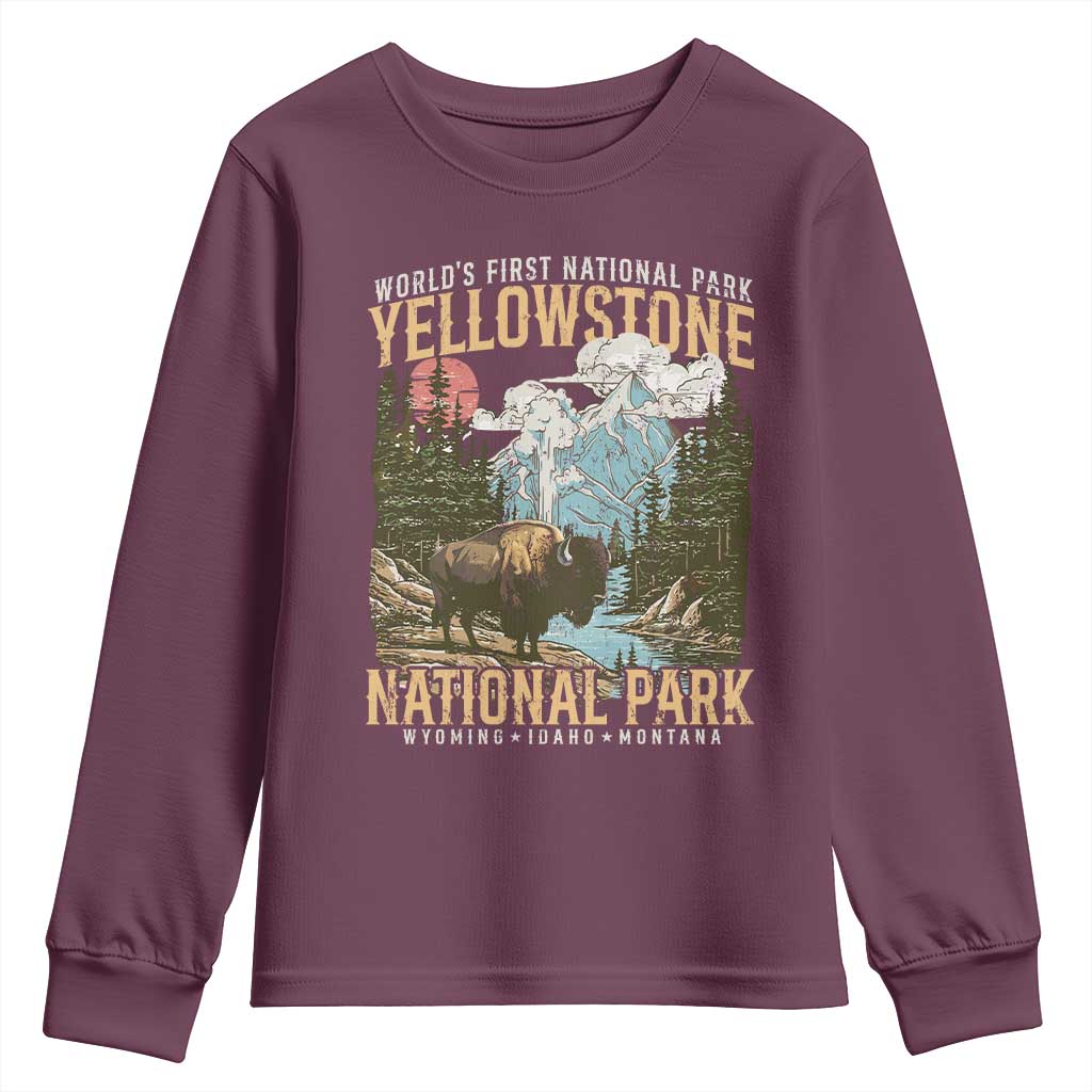 Vintage Yellowstone National Park Youth Sweatshirt Retro Nature Wildlife Outdoor Hiking Camping Forest - Wonder Print Shop