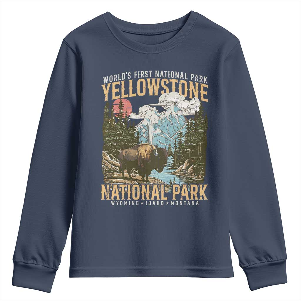 Vintage Yellowstone National Park Youth Sweatshirt Retro Nature Wildlife Outdoor Hiking Camping Forest - Wonder Print Shop