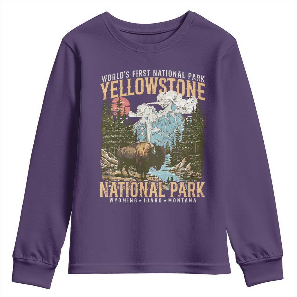 Vintage Yellowstone National Park Youth Sweatshirt Retro Nature Wildlife Outdoor Hiking Camping Forest - Wonder Print Shop