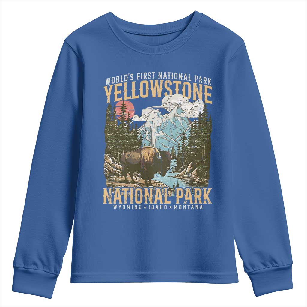 Vintage Yellowstone National Park Youth Sweatshirt Retro Nature Wildlife Outdoor Hiking Camping Forest - Wonder Print Shop