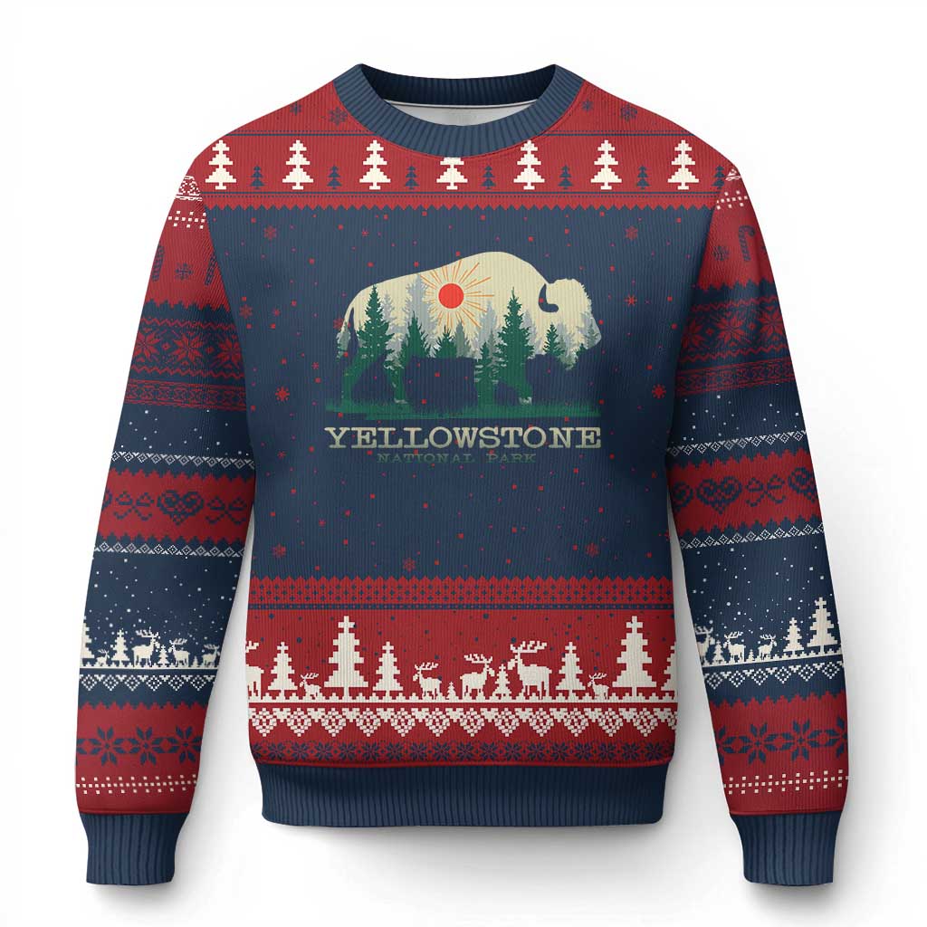Yellowstone National Park Ugly Christmas Sweater Bison Nature Wildlife Outdoor Hiking Camping Forest - Wonder Print Shop