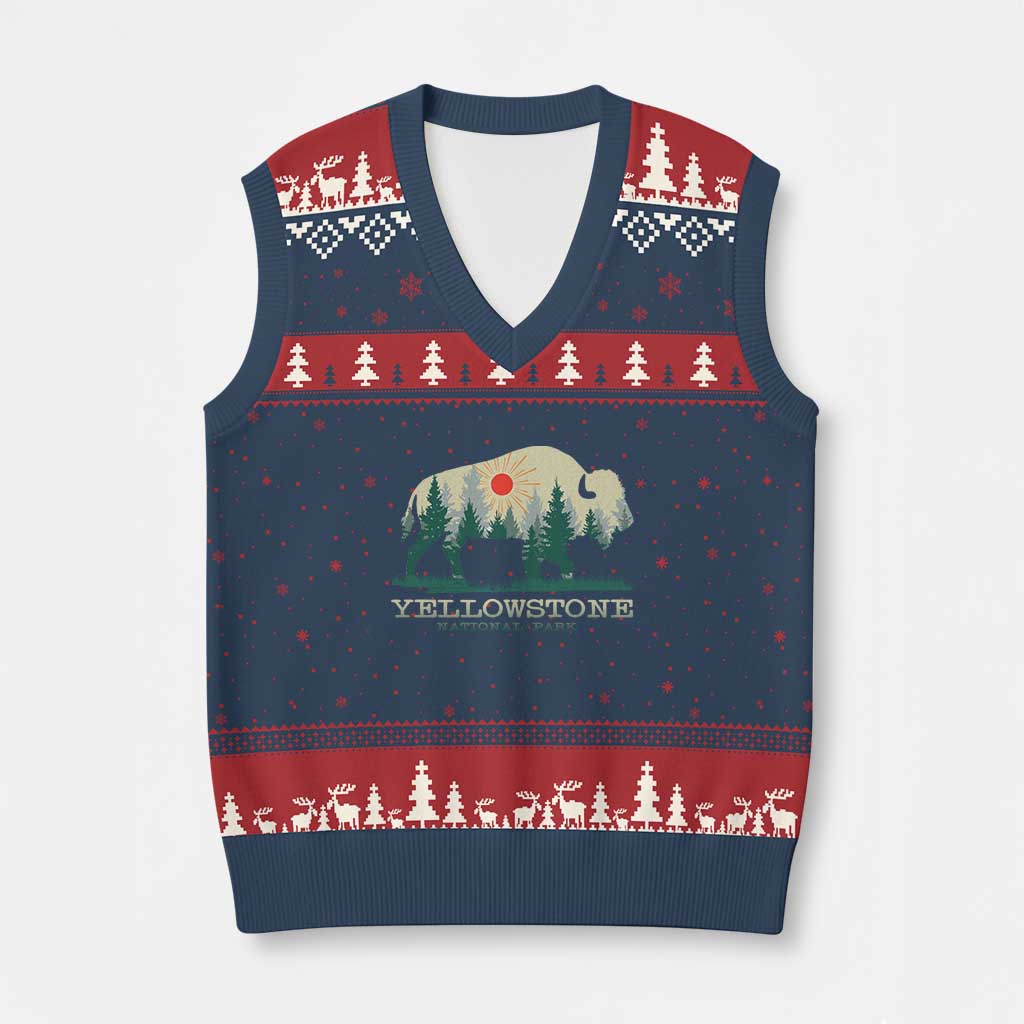 Yellowstone National Park V-Neck Knit Sweater Vest Bison Nature Wildlife Outdoor Hiking Camping Forest - Wonder Print Shop