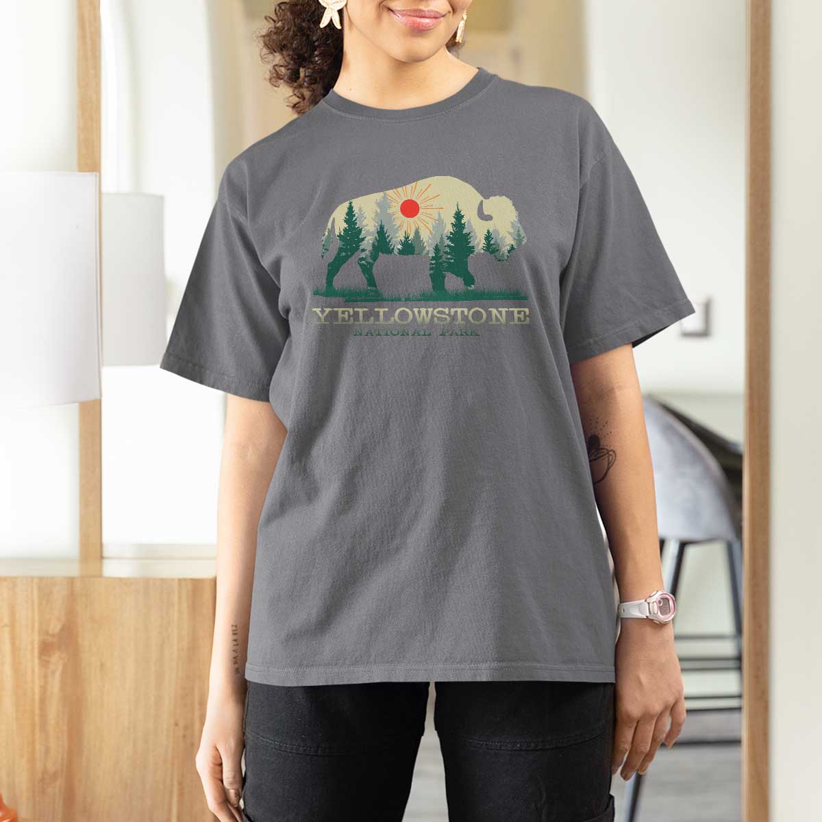 Yellowstone National Park T Shirt For Women Bison Nature Wildlife Outdoor Hiking Camping Forest - Wonder Print Shop