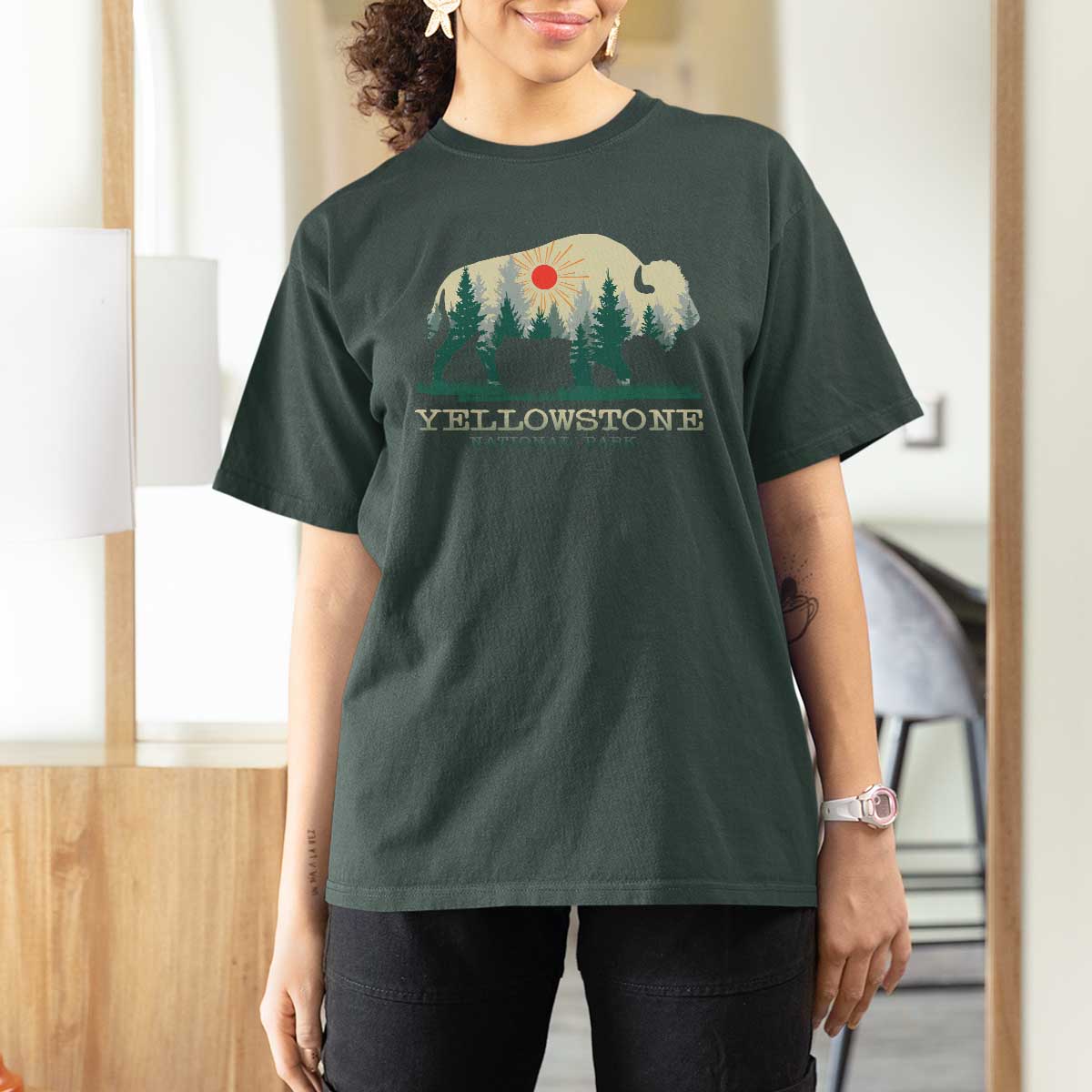 Yellowstone National Park T Shirt For Women Bison Nature Wildlife Outdoor Hiking Camping Forest - Wonder Print Shop