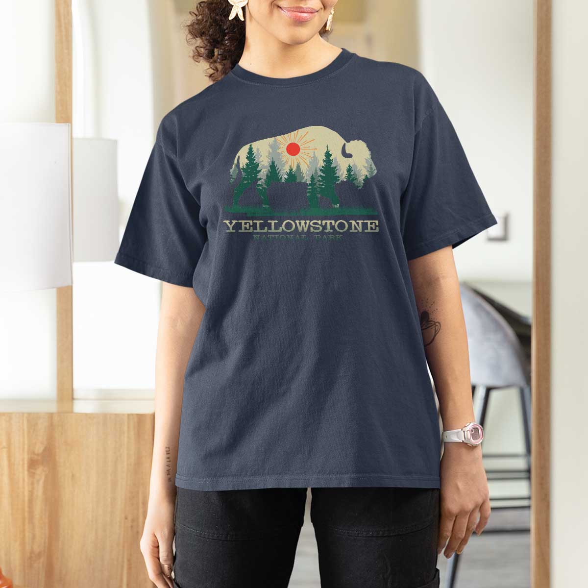 Yellowstone National Park T Shirt For Women Bison Nature Wildlife Outdoor Hiking Camping Forest - Wonder Print Shop