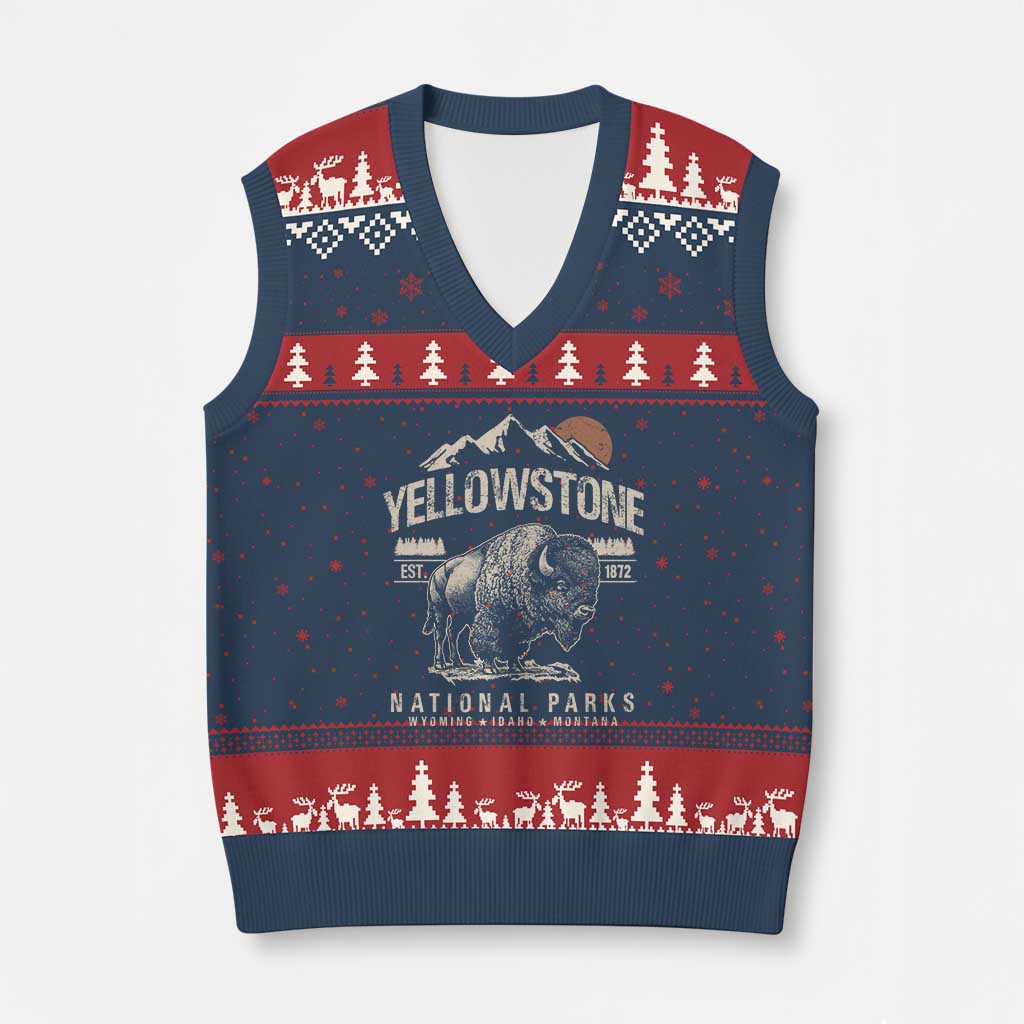 Vintage Yellowstone National Park V-Neck Knit Sweater Vest Retro Bison Nature Wildlife Forest - Wonder Print Shop
