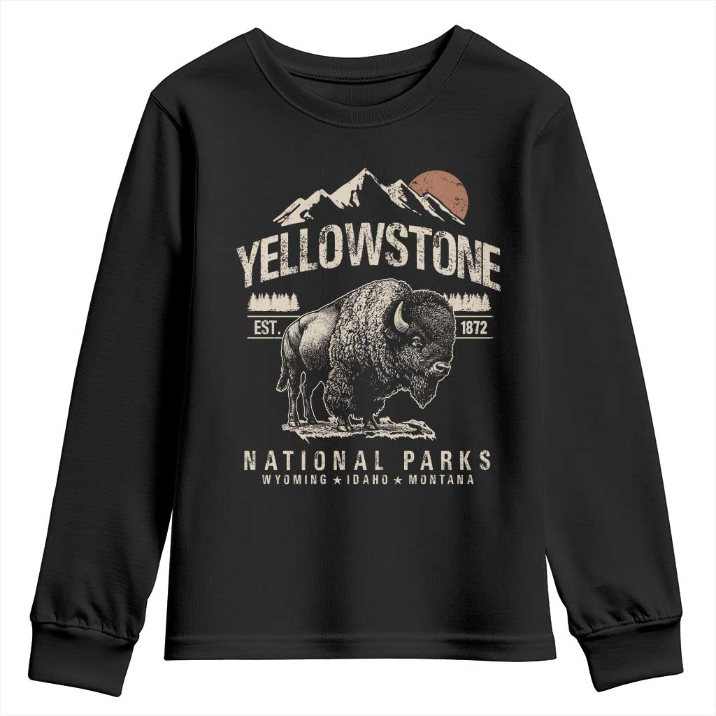 Vintage Yellowstone National Park Youth Sweatshirt Retro Bison Nature Wildlife Forest - Wonder Print Shop