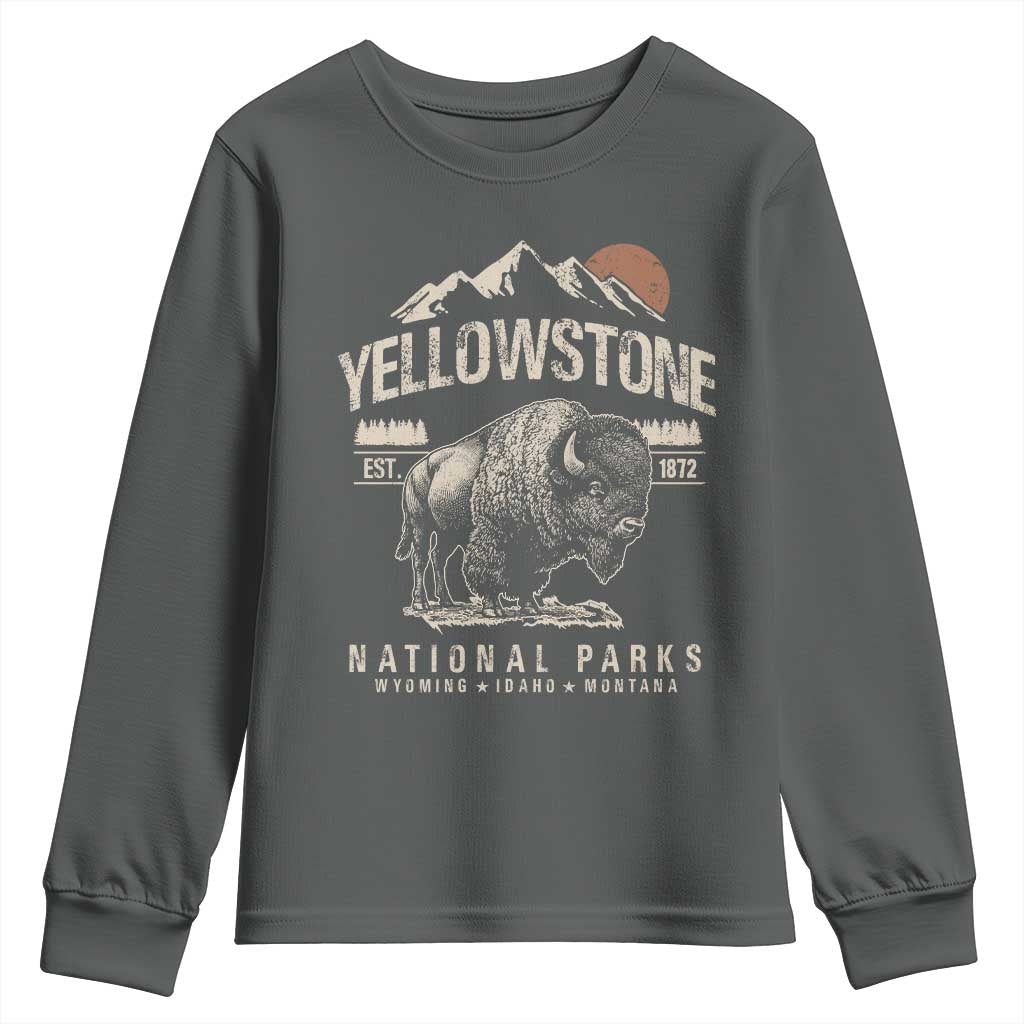 Vintage Yellowstone National Park Youth Sweatshirt Retro Bison Nature Wildlife Forest - Wonder Print Shop