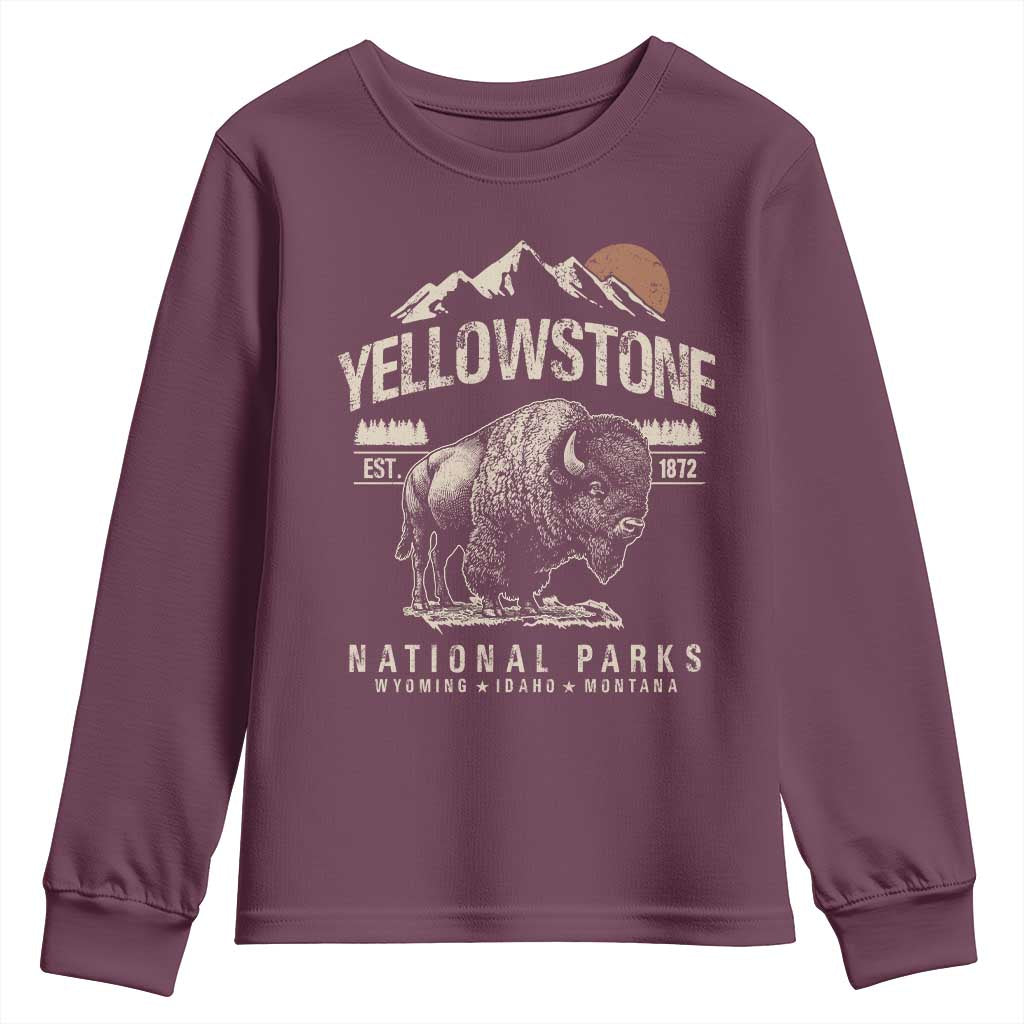 Vintage Yellowstone National Park Youth Sweatshirt Retro Bison Nature Wildlife Forest - Wonder Print Shop