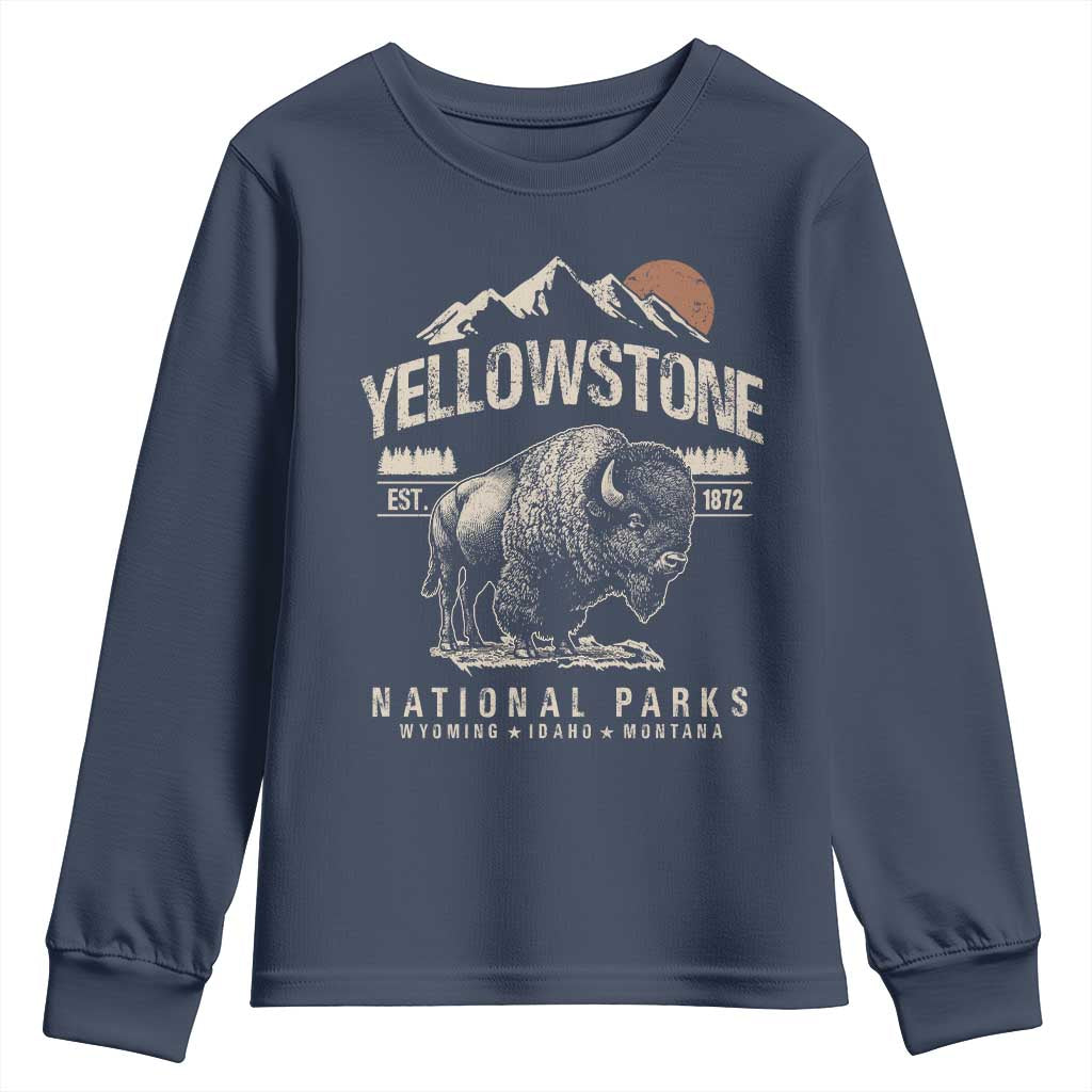 Vintage Yellowstone National Park Youth Sweatshirt Retro Bison Nature Wildlife Forest - Wonder Print Shop